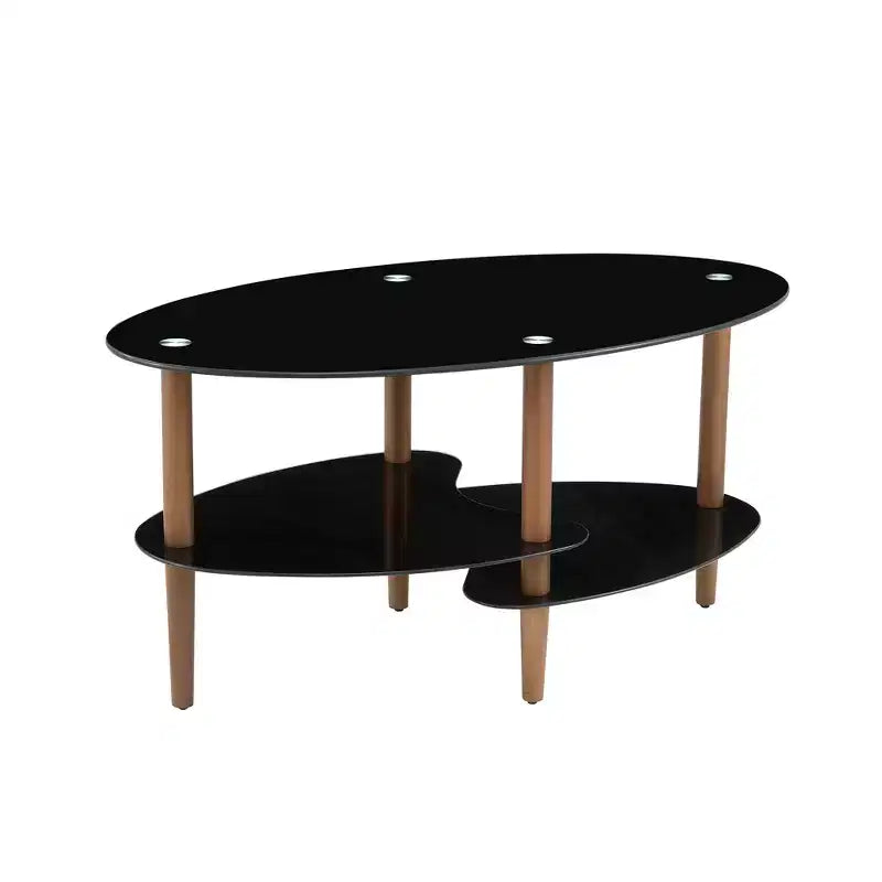 Table basse ovale en verre noir avec pieds en bois de chêne, table en verre trempé à 3 niveaux pour salon
