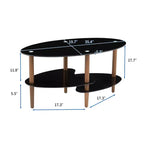 Table basse ovale en verre noir avec pieds en bois de chêne, table en verre trempé à 3 niveaux pour salon
