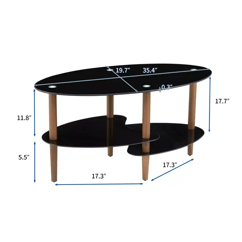 Table basse ovale en verre noir avec pieds en bois de chêne, table en verre trempé à 3 niveaux pour salon