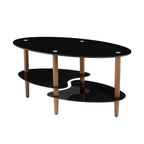 Table basse ovale en verre noir avec pieds en bois de chêne, table en verre trempé à 3 niveaux pour salon