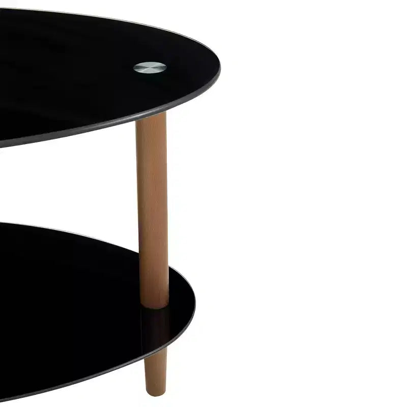 Table basse ovale en verre noir avec pieds en bois de chêne, table en verre trempé à 3 niveaux pour salon