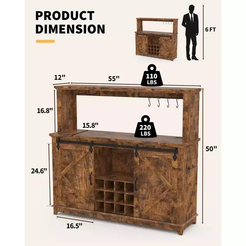 Buffet avec prise électrique, meuble de bar à café 55 avec porte coulissante de grange, support à verres à vin et grande huche de rangement – Buffet de cuisine de ferme