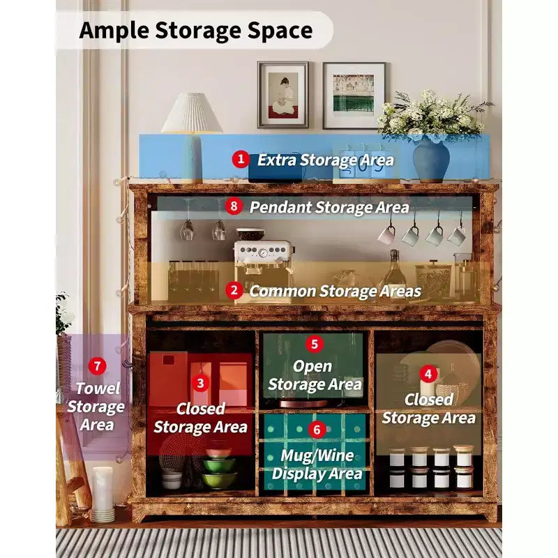 Buffet avec prise électrique, meuble de bar à café 55 avec porte coulissante de grange, support à verres à vin et grande huche de rangement – Buffet de cuisine de ferme