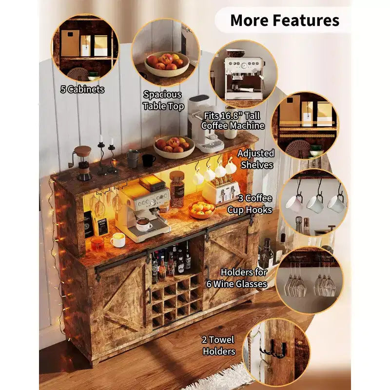 Buffet avec prise électrique, meuble de bar à café 55 avec porte coulissante de grange, support à verres à vin et grande huche de rangement – Buffet de cuisine de ferme