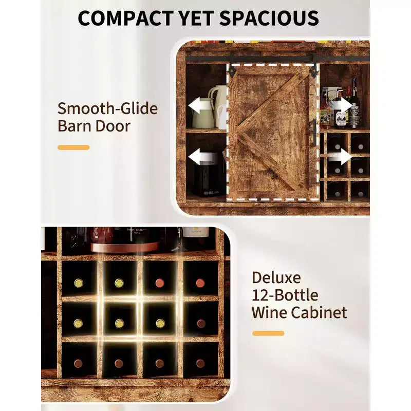 Buffet avec prise électrique, meuble de bar à café 55 avec porte coulissante de grange, support à verres à vin et grande huche de rangement – Buffet de cuisine de ferme