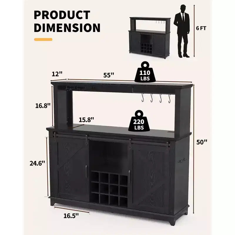 Buffet avec prise électrique, meuble de bar à café 55 avec porte coulissante de grange, support à verres à vin et grande huche de rangement – Buffet de cuisine de ferme