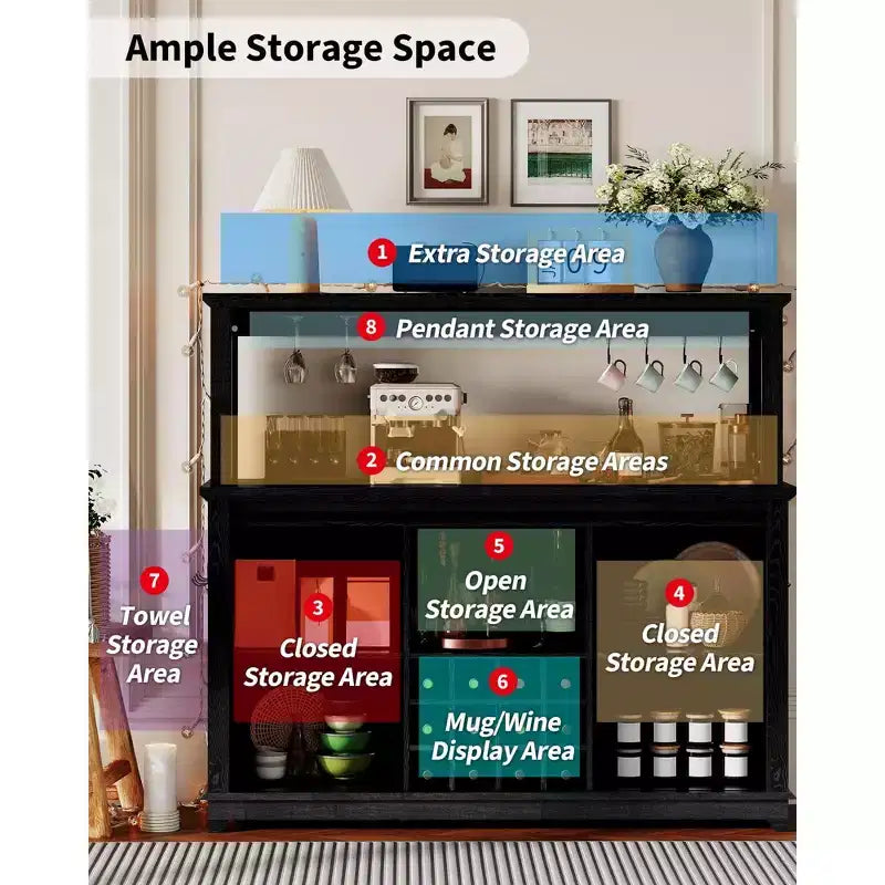 Buffet avec prise électrique, meuble de bar à café 55 avec porte coulissante de grange, support à verres à vin et grande huche de rangement – Buffet de cuisine de ferme
