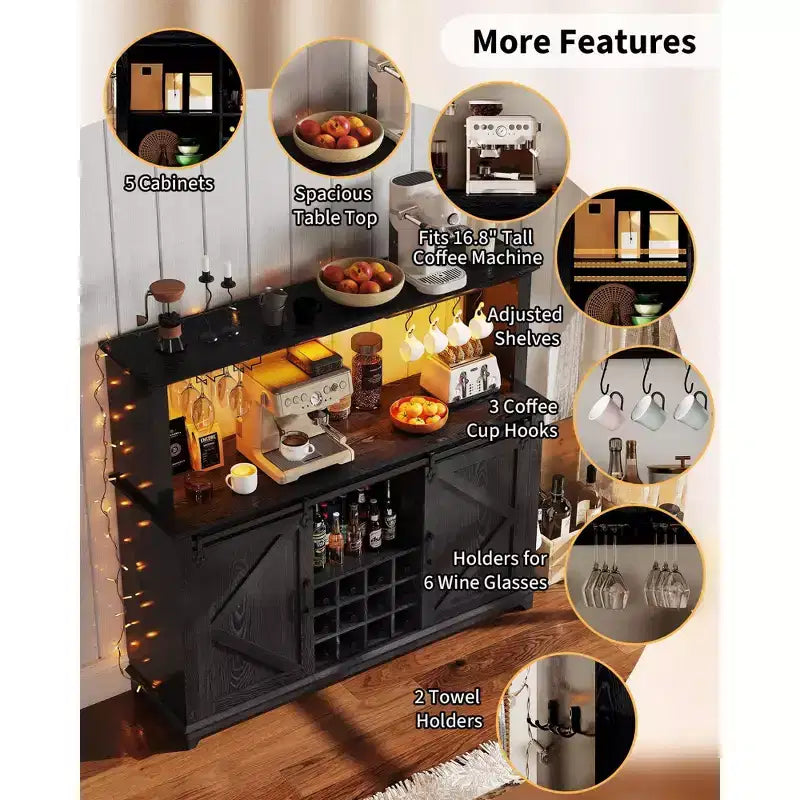 Buffet avec prise électrique, meuble de bar à café 55 avec porte coulissante de grange, support à verres à vin et grande huche de rangement – Buffet de cuisine de ferme