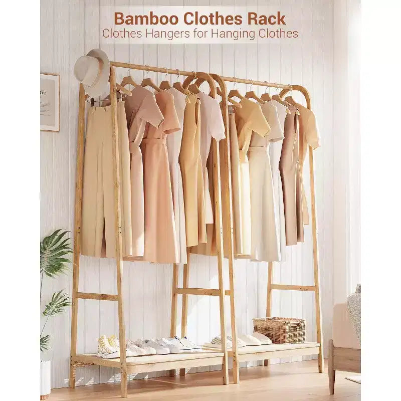 Portant à vêtements Acekool en bambou avec étagère de rangement, organiseur de vêtements autoportant pour chambre à coucher, entrée, salon, design peu encombrant