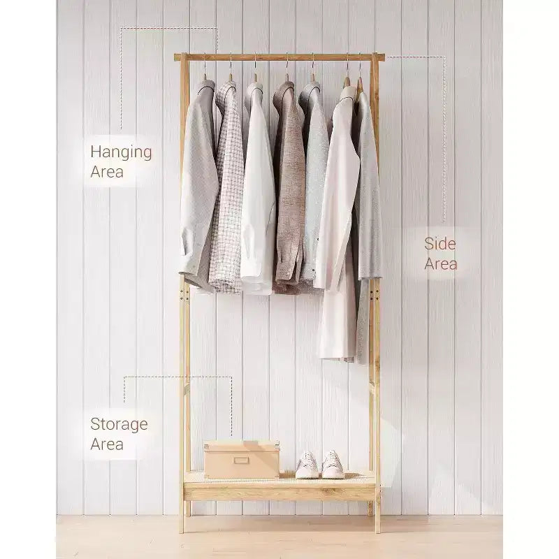 Portant à vêtements Acekool en bambou avec étagère de rangement, organiseur de vêtements autoportant pour chambre à coucher, entrée, salon, design peu encombrant