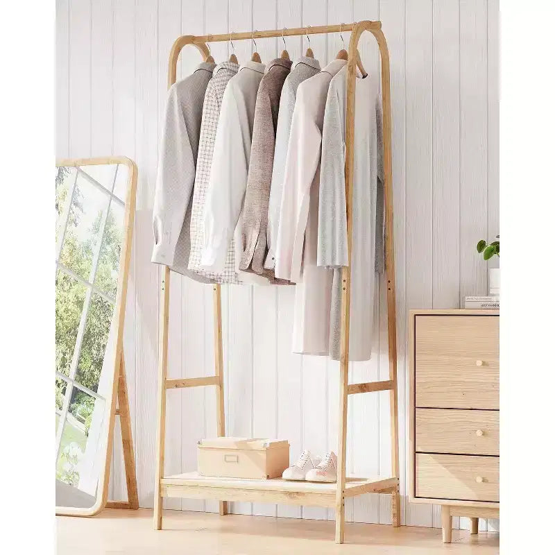 Portant à vêtements Acekool en bambou avec étagère de rangement, organiseur de vêtements autoportant pour chambre à coucher, entrée, salon, design peu encombrant