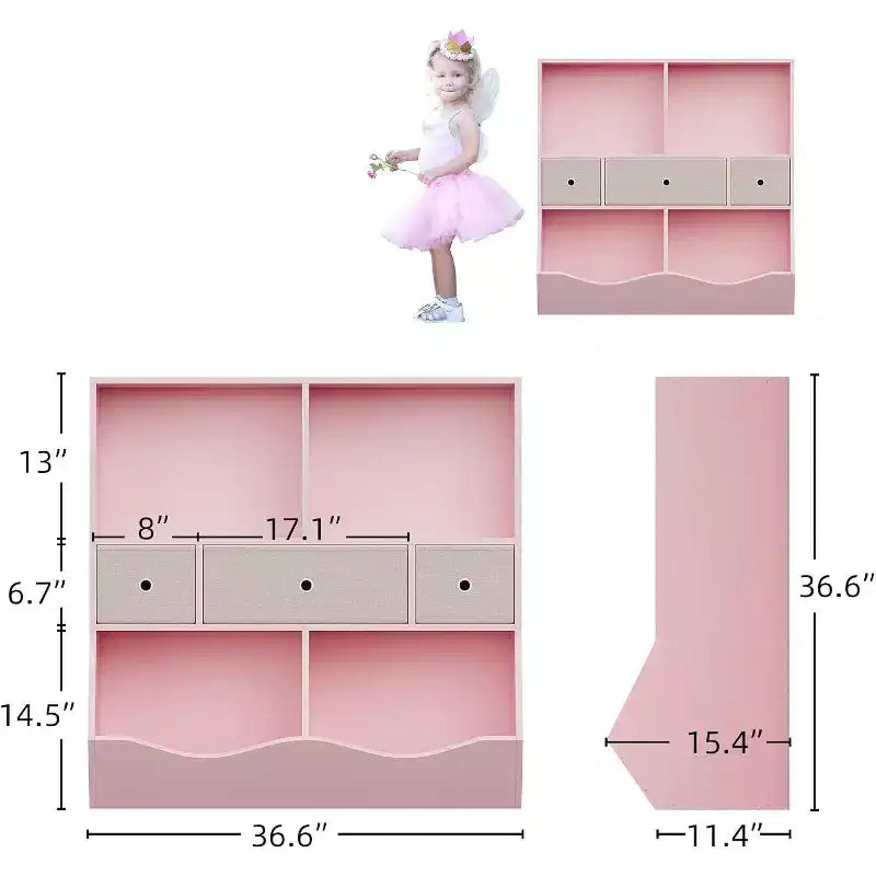 Acekool Organisateur de rangement de jouets pour enfants à 7 compartiments, armoire bibliothèque à 3 niveaux avec 3 tiroirs, grande étagère en bois, 2 ensembles roses