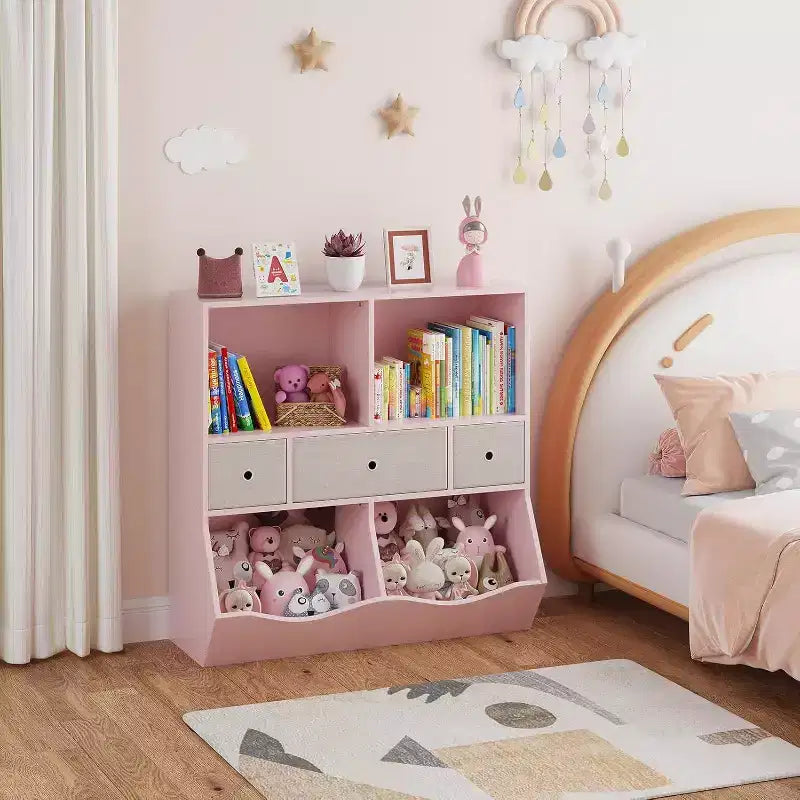 Acekool Organisateur de rangement de jouets pour enfants à 7 compartiments, armoire bibliothèque à 3 niveaux avec 3 tiroirs, grande étagère en bois, 2 ensembles roses