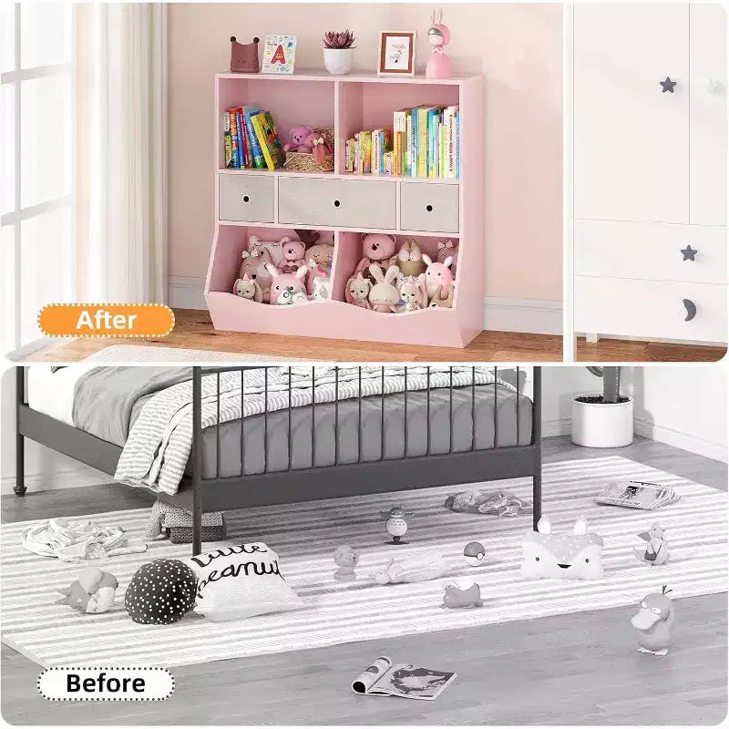 Acekool Organisateur de rangement de jouets pour enfants à 7 compartiments, armoire bibliothèque à 3 niveaux avec 3 tiroirs, grande étagère en bois, 2 ensembles roses