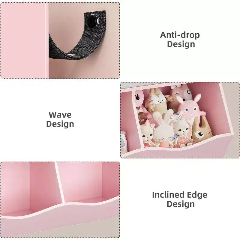 Acekool Organisateur de rangement de jouets pour enfants à 7 compartiments, armoire bibliothèque à 3 niveaux avec 3 tiroirs, grande étagère en bois, 2 ensembles roses