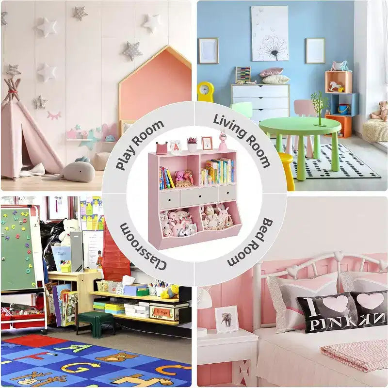 Acekool Organisateur de rangement de jouets pour enfants à 7 compartiments, armoire bibliothèque à 3 niveaux avec 3 tiroirs, grande étagère en bois, 2 ensembles roses