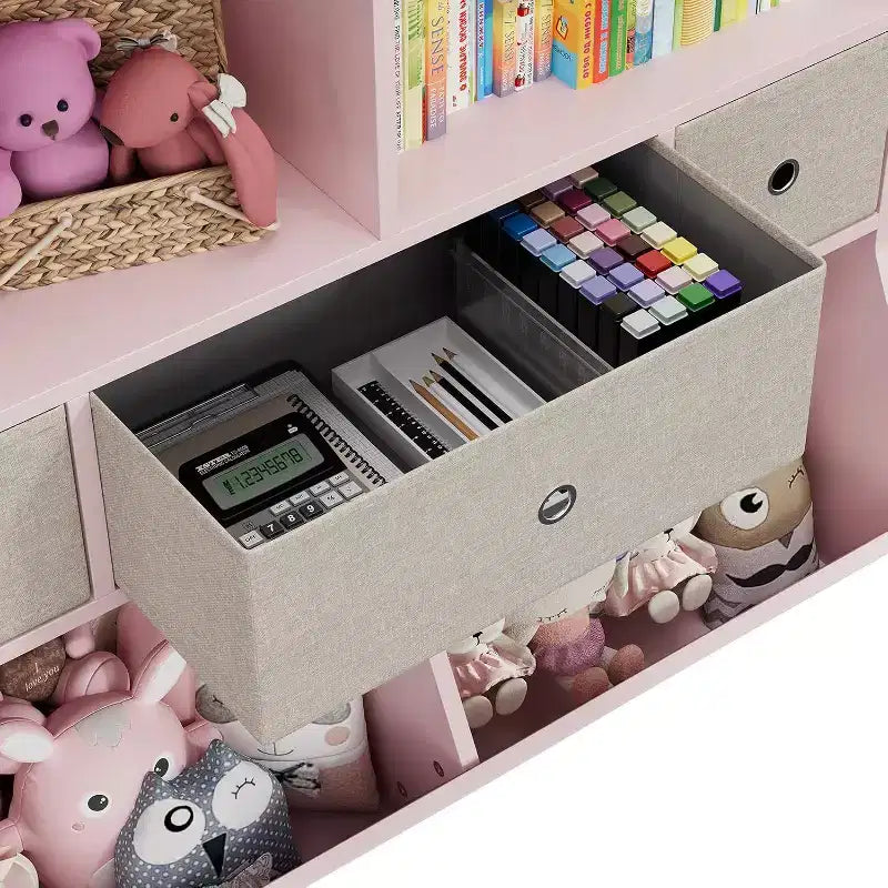 Acekool Organisateur de rangement de jouets pour enfants à 7 compartiments, armoire bibliothèque à 3 niveaux avec 3 tiroirs, grande étagère en bois, 2 ensembles roses