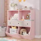 Acekool Organisateur de rangement de jouets pour enfants à 7 compartiments, armoire bibliothèque à 3 niveaux avec 3 tiroirs, grande étagère en bois, 2 ensembles roses