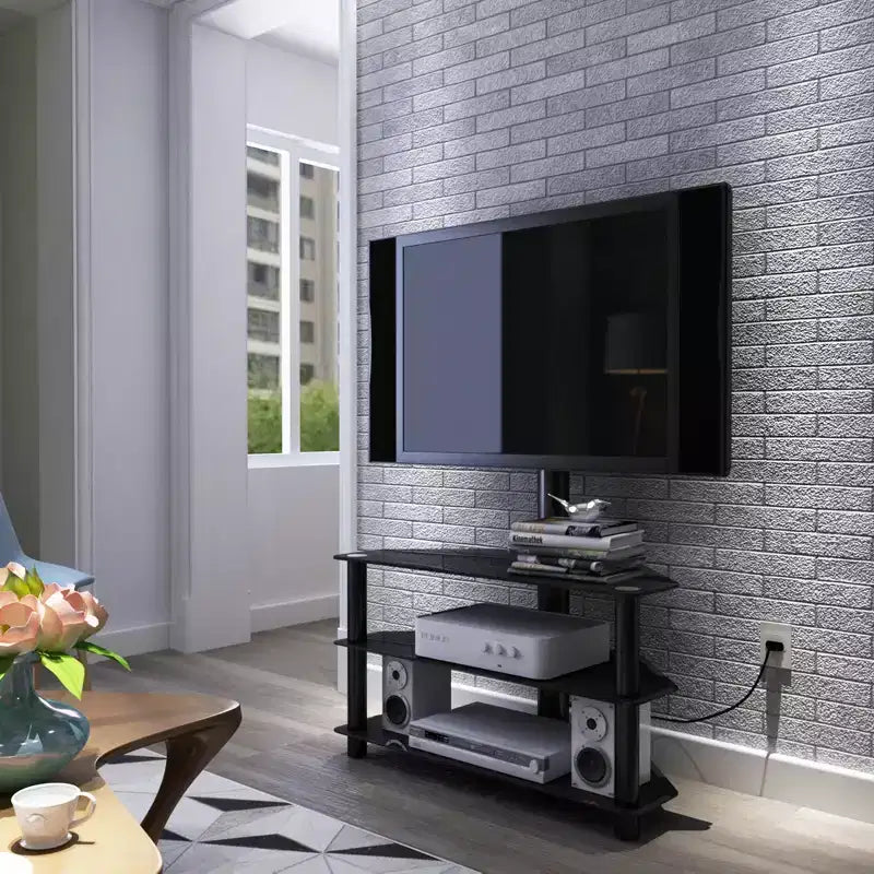 Black Multi-Function TV Stand with Height Adjustable Swivel Bracket - 3-Tier Tempered Glass Shelves for 32-65 TVs