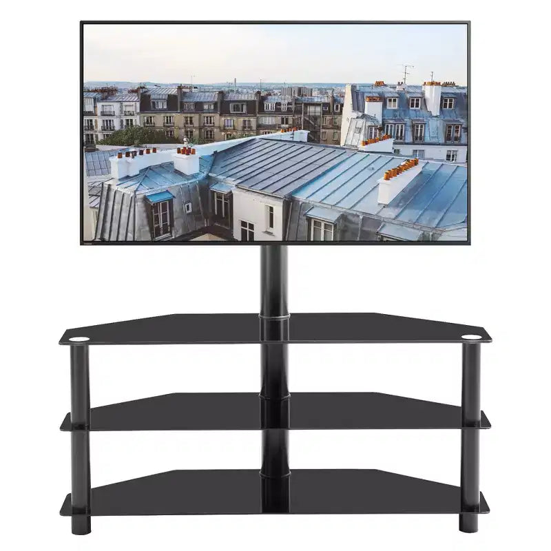 Meuble TV multifonction noir avec support pivotant réglable en hauteur – 3 étagères en verre trempé pour TV 32-65 pouces