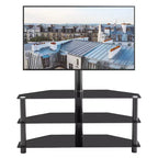 Meuble TV multifonction noir avec support pivotant réglable en hauteur – 3 étagères en verre trempé pour TV 32-65 pouces