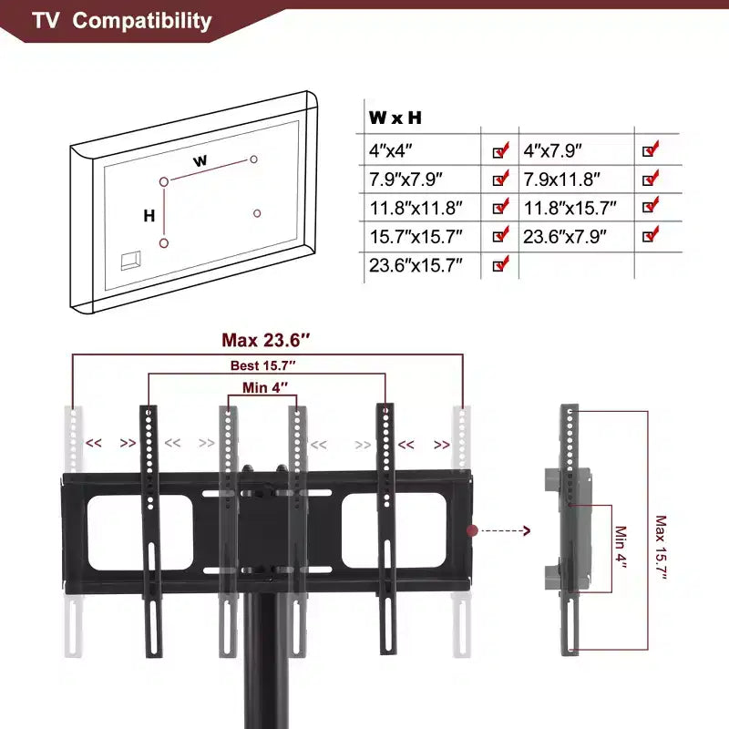Meuble TV multifonction noir avec support pivotant réglable en hauteur – 3 étagères en verre trempé pour TV 32-65 pouces