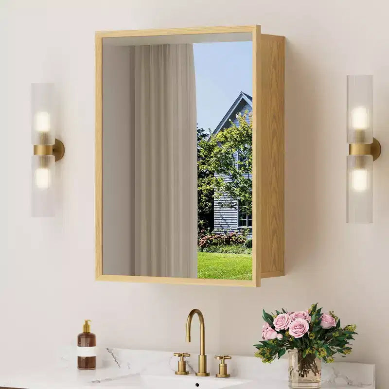 Bathroom Mirror with Storage Cabinet,Oak Wooden Wall Cabinet with Mirror and Adjustable Interior Shelves