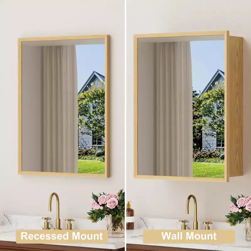 Armoire de toilette avec miroir, Meuble mural en chêne avec miroir et étagères intérieures réglables