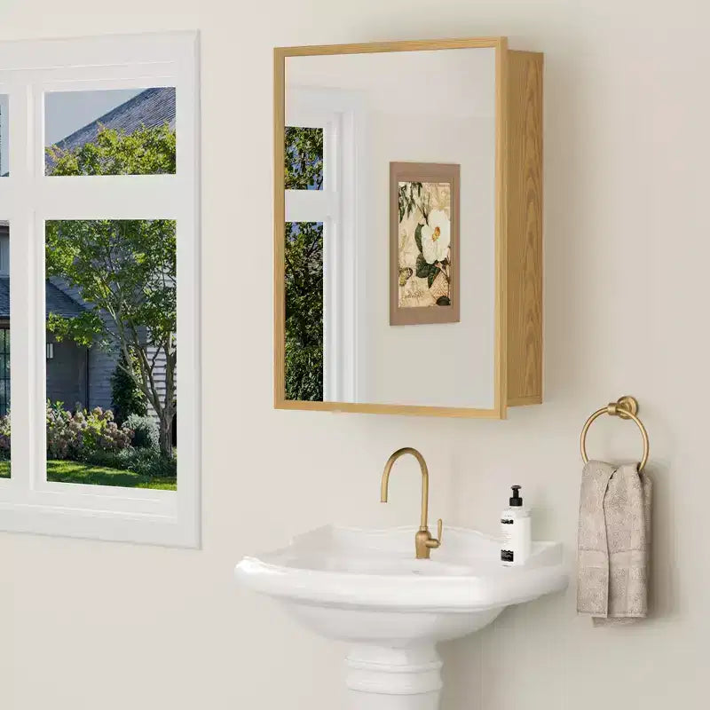 Armoire de toilette avec miroir, Meuble mural en chêne avec miroir et étagères intérieures réglables