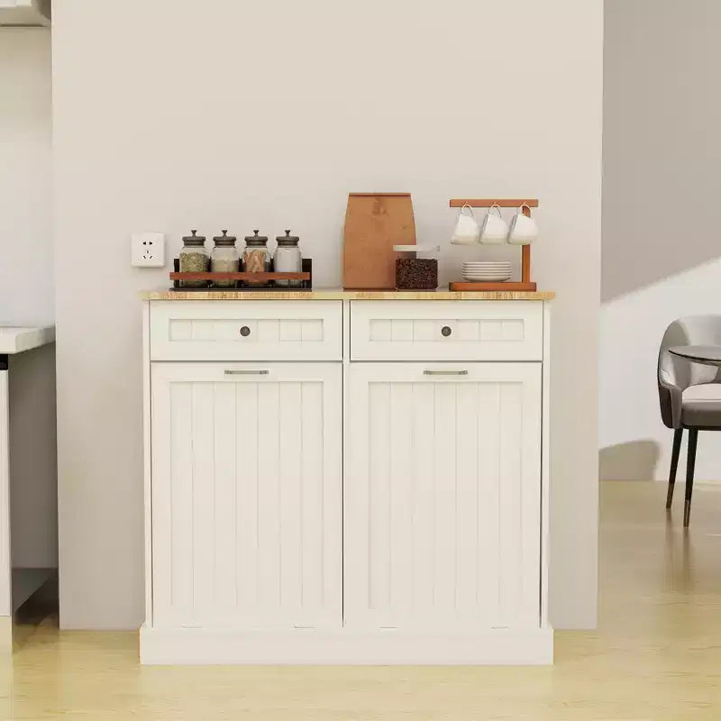 AndMakers 39.37 in. W x 13.78 in. D x 35.34 in. H Ready to Assemble Trash Can Kitchen Cabinet in White with 2 Drawers