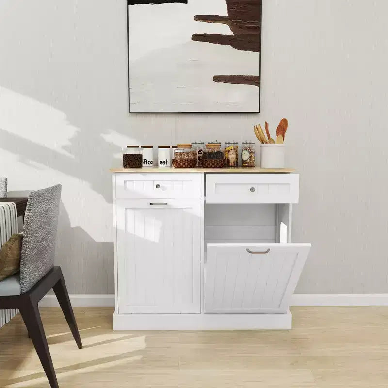 AndMakers Meuble de cuisine pour poubelle, 99,98 cm (l) x 35 cm (P) x 89,76 cm (H), prêt à assembler, blanc, avec 2 tiroirs