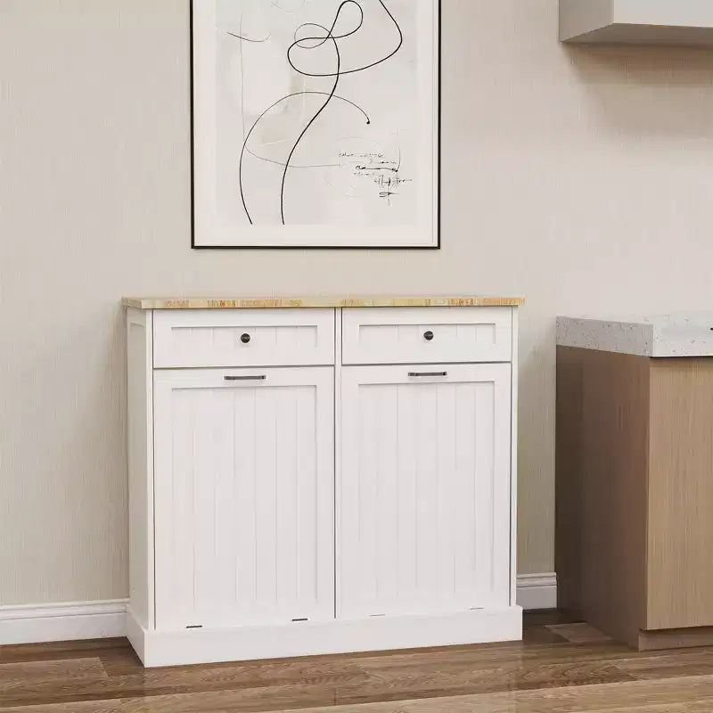 AndMakers Meuble de cuisine pour poubelle, 99,98 cm (l) x 35 cm (P) x 89,76 cm (H), prêt à assembler, blanc, avec 2 tiroirs