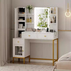 Acekool Ensemble Coiffeuse et Tabouret, Bureau Blanc avec Miroir, Ports de Charge, 3 Tiroirs, Armoire Visible, Étagères Ouvertes, 109 cm, Pour Chambre à Coucher