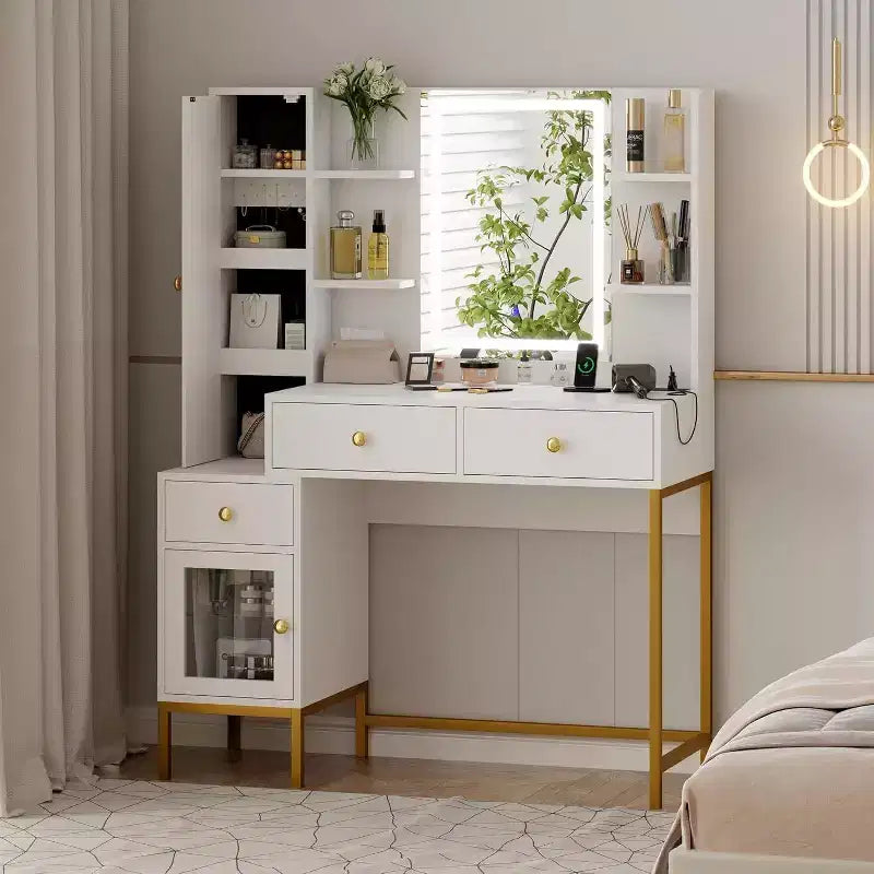 Acekool Ensemble Coiffeuse et Tabouret, Bureau Blanc avec Miroir, Ports de Charge, 3 Tiroirs, Armoire Visible, Étagères Ouvertes, 109 cm, Pour Chambre à Coucher