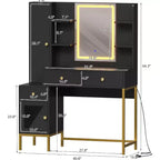 Acekool Ensemble Coiffeuse et Tabouret, Bureau Blanc avec Miroir, Ports de Charge, 3 Tiroirs, Armoire Visible, Étagères Ouvertes, 109 cm, Pour Chambre à Coucher
