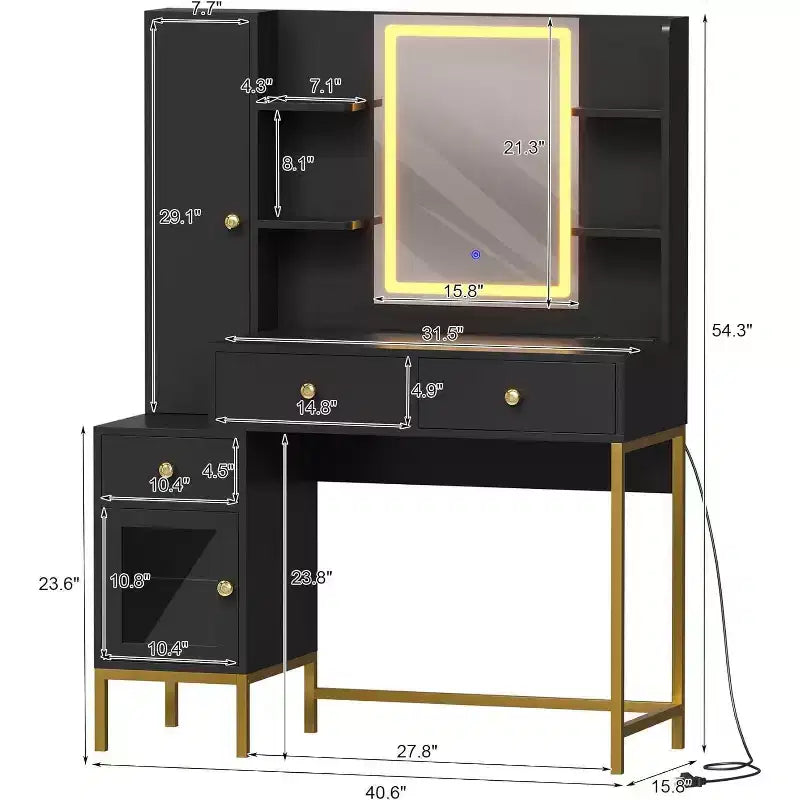 Acekool Ensemble Coiffeuse et Tabouret, Bureau Blanc avec Miroir, Ports de Charge, 3 Tiroirs, Armoire Visible, Étagères Ouvertes, 109 cm, Pour Chambre à Coucher