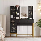 Acekool Ensemble Coiffeuse et Tabouret, Bureau Blanc avec Miroir, Ports de Charge, 3 Tiroirs, Armoire Visible, Étagères Ouvertes, 109 cm, Pour Chambre à Coucher