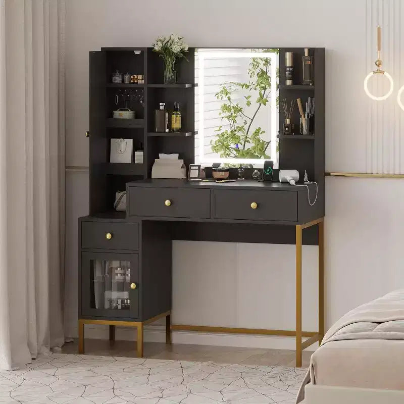 Acekool Ensemble Coiffeuse et Tabouret, Bureau Blanc avec Miroir, Ports de Charge, 3 Tiroirs, Armoire Visible, Étagères Ouvertes, 109 cm, Pour Chambre à Coucher