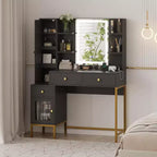Acekool Ensemble Coiffeuse et Tabouret, Bureau Blanc avec Miroir, Ports de Charge, 3 Tiroirs, Armoire Visible, Étagères Ouvertes, 109 cm, Pour Chambre à Coucher