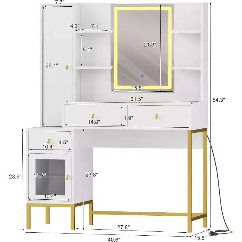 Acekool Ensemble Coiffeuse et Tabouret, Bureau Blanc avec Miroir, Ports de Charge, 3 Tiroirs, Armoire Visible, Étagères Ouvertes, 109 cm, Pour Chambre à Coucher