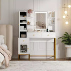 Acekool Ensemble Coiffeuse et Tabouret, Bureau Blanc avec Miroir, Ports de Charge, 3 Tiroirs, Armoire Visible, Étagères Ouvertes, 109 cm, Pour Chambre à Coucher