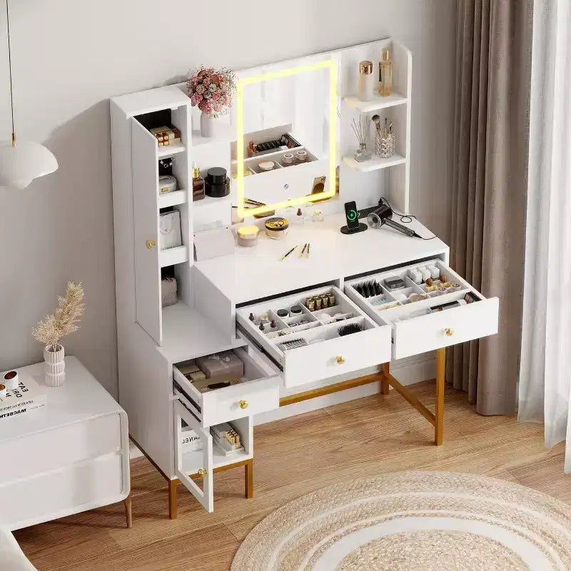 Acekool Ensemble Coiffeuse et Tabouret, Bureau Blanc avec Miroir, Ports de Charge, 3 Tiroirs, Armoire Visible, Étagères Ouvertes, 109 cm, Pour Chambre à Coucher