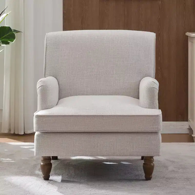 Fauteuil d'appoint vintage Bestier, fauteuil en tissu de lin rembourré avec pieds en bois massif, chaise de lecture simple pour salon, chambre, beige