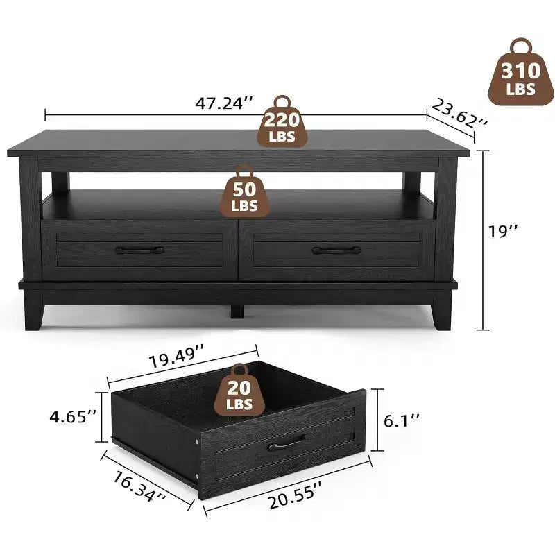 Table basse 47.24 avec tiroirs, table basse rustique en bois, table basse facile à monter pour salon, style ferme