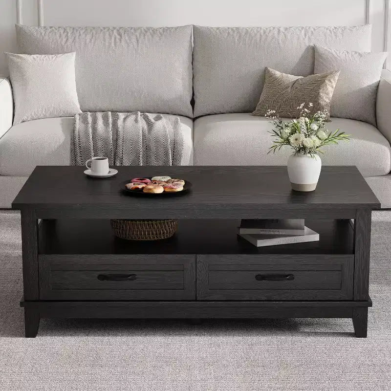 Table basse 47.24 avec tiroirs, table basse rustique en bois, table basse facile à monter pour salon, style ferme