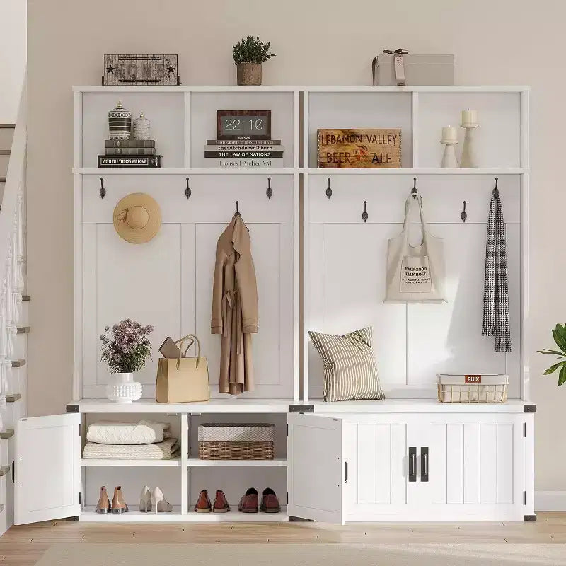 Acekool 76 Hall Tree avec Banc, Rangement à Chaussures, Portemanteau et 5 Crochets, Étagère Réglable, Organiseur d'Entrée, Blanc, Gain de Place