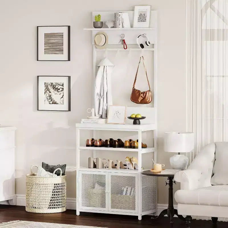Acekool Meuble d'entrée avec Portes, Portemanteau Étroit et Rangement Chaussures 185 cm, Organisateur d'entrée avec 7 Crochets, Étagères et Armoire Grillagée, Blanc