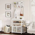 Acekool Meuble d'entrée avec Portes, Portemanteau Étroit et Rangement Chaussures 185 cm, Organisateur d'entrée avec 7 Crochets, Étagères et Armoire Grillagée, Blanc
