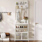 Acekool Meuble d'entrée avec Portes, Portemanteau Étroit et Rangement Chaussures 185 cm, Organisateur d'entrée avec 7 Crochets, Étagères et Armoire Grillagée, Blanc