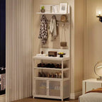 Acekool Meuble d'entrée avec Portes, Portemanteau Étroit et Rangement Chaussures 185 cm, Organisateur d'entrée avec 7 Crochets, Étagères et Armoire Grillagée, Blanc